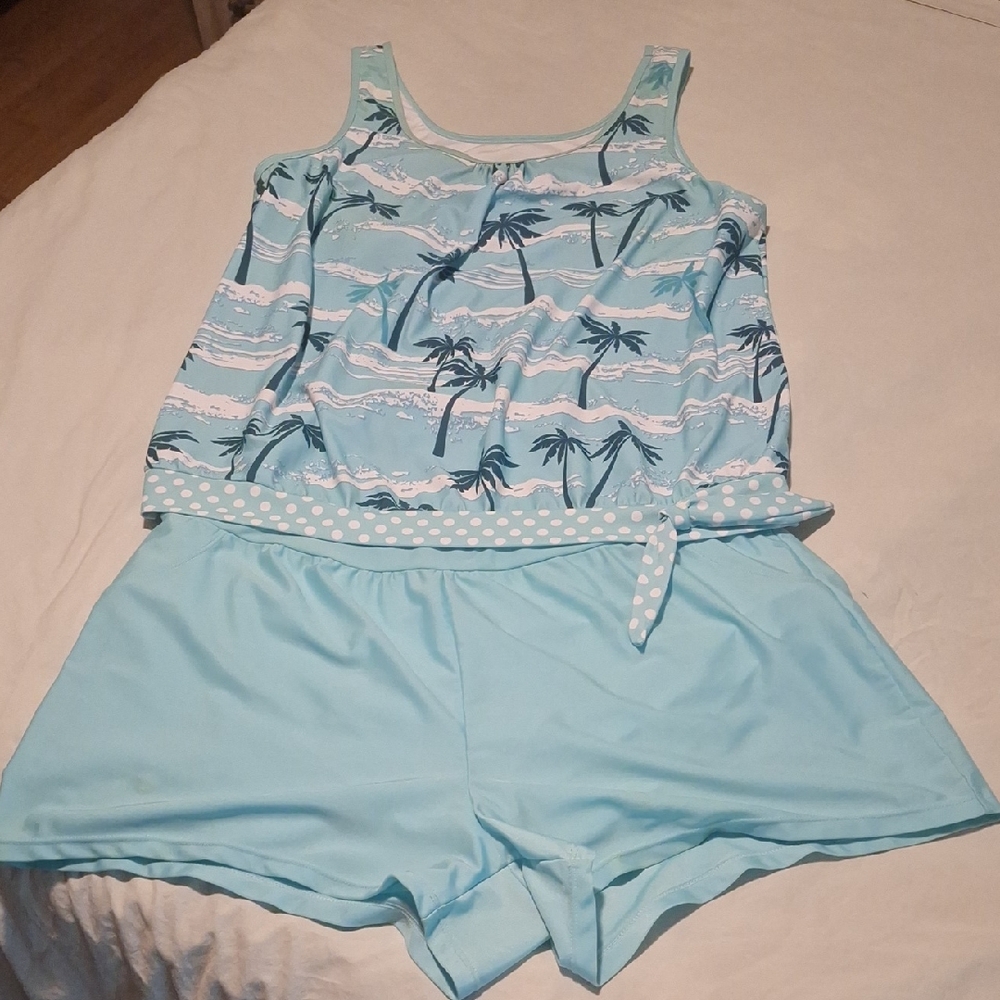 Blue Palm Tree Print Tankini 2 Pc Swimsuit